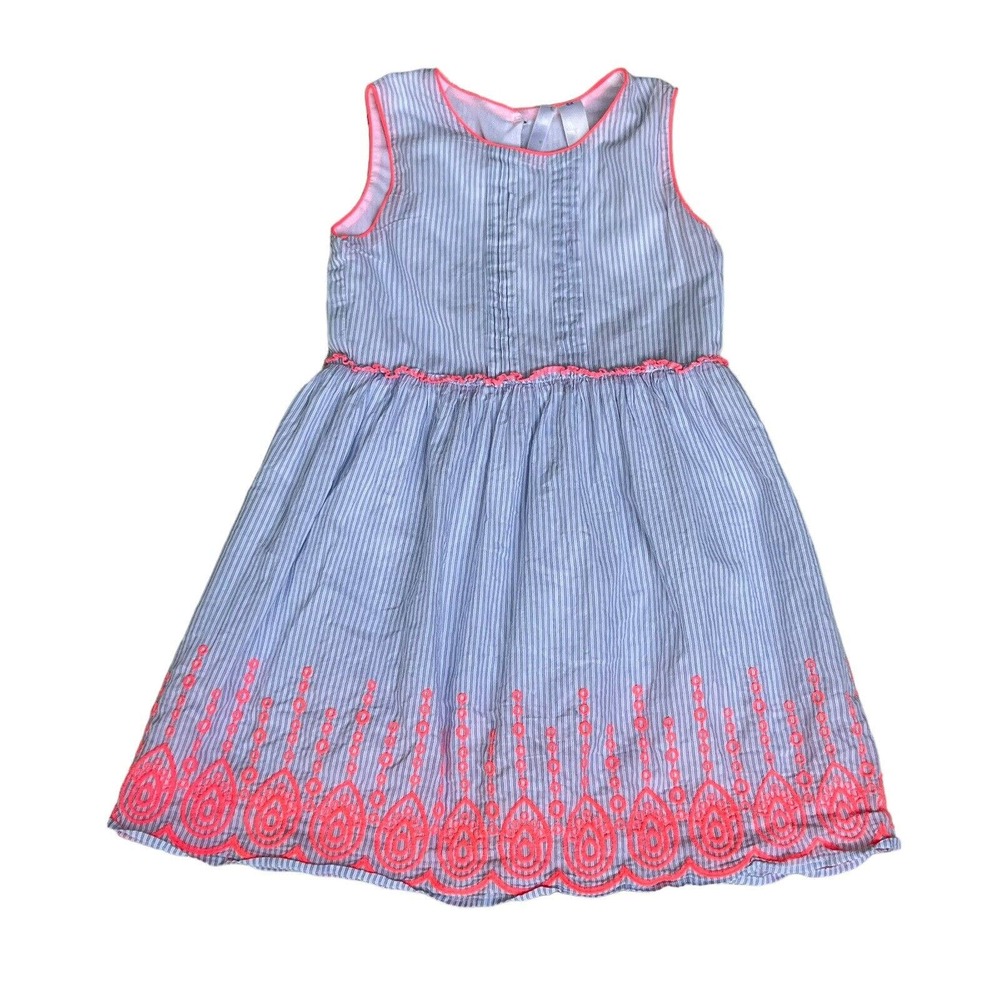 Japna girl Sundress size 6 Blue White Pinstripe Coral Embroidered Lined Boho